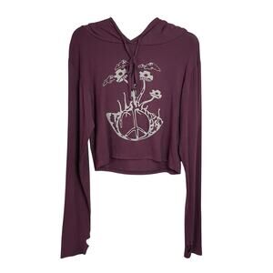 Kathmandu Imports Hoodie Shirt Womens M Purple Crop Mushrooms Peace Boho NWT‎